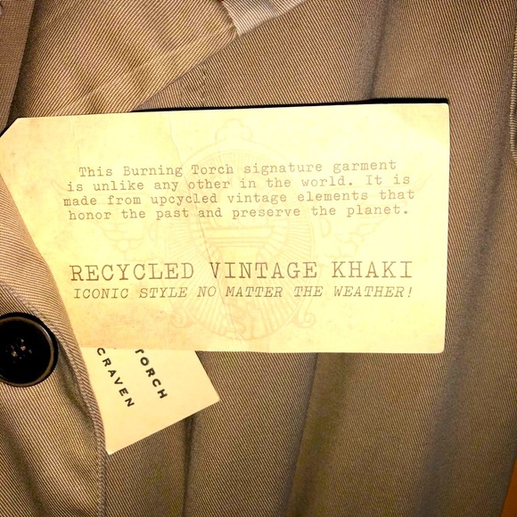 Upcycled Burning Torch Cotton Longline Khaki trench coat with leather trim - Picture 4 of 8